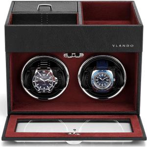 Vlando Automatic Double Watch Winder - Watch Winder Box with Men Jewelry Organizer Tray, Japanese Quiet Motor, LED Light, Adjustable Watch Pillows - Red