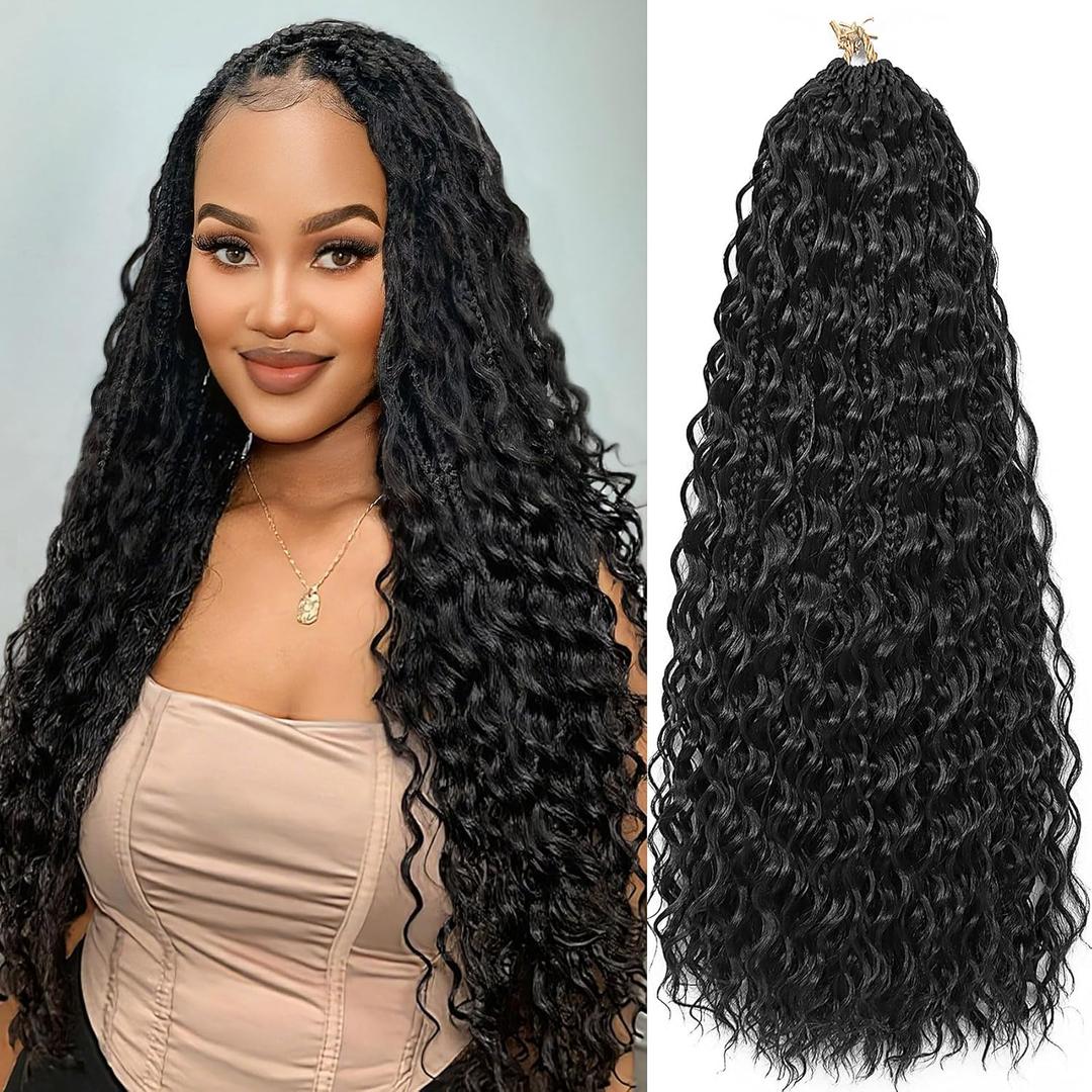 LIYATE Goddess Box Braids Crochet Hair for Women 24 Inch 7 Packs Black Bohemian Crochet Braids with Curly Ends Boho Box Braid Crochet Braiding Hair Extensions, 1B