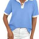 PRETTYGARDEN Summer Short Sleeve Polo Shirts for Women Collared V Neck Work Dressy Tops Knit Loose Business Casual Outfits (Medium, Sky Blue)