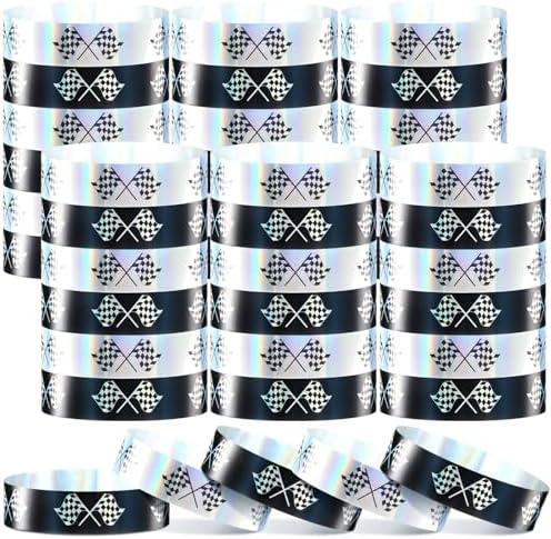 Henoyso 500 Pcs Horse and Racing Flag Bracelets Holographic Waterproof Bracelets Plastic Wristbands Party Supplies for Events Derby Day Race Car Party Favors Gifts Decorations(Racing Flag), Set of 3