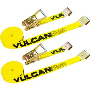 VULCAN Ratchet Strap with Flat Hooks - 2 Inch x 27 Foot - 2 Pack - Yellow - 3,300 Pound Safe Working Load