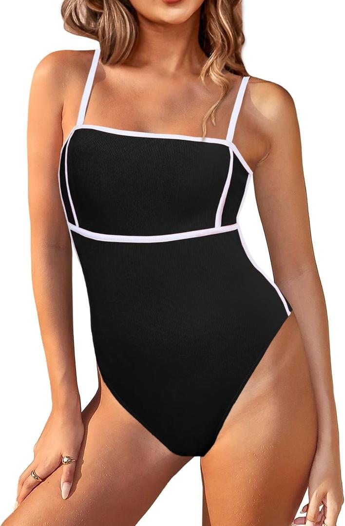 Saodimallsu Womens One Piece Swimsuit Color Block Spaghetti Strap Ribbed Tummy Control Bathing Suits High Cut Swimwear (Medium, Black)