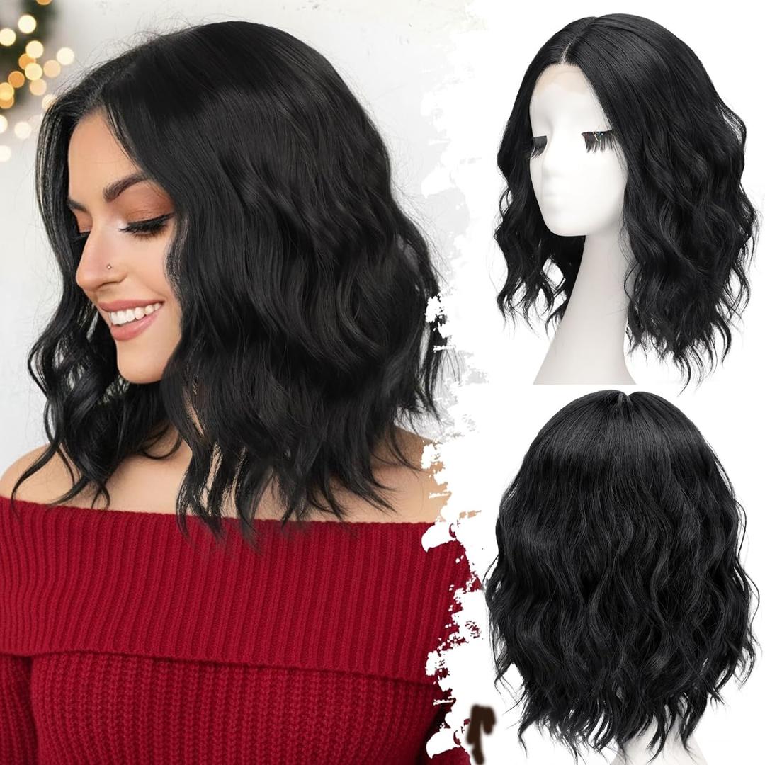 Black Short Wavy Wig for Women Lace Hairline Bob Style Synthetic Heat Resistant - Natural Appearance for Everyday Hairstyle 14 Inch