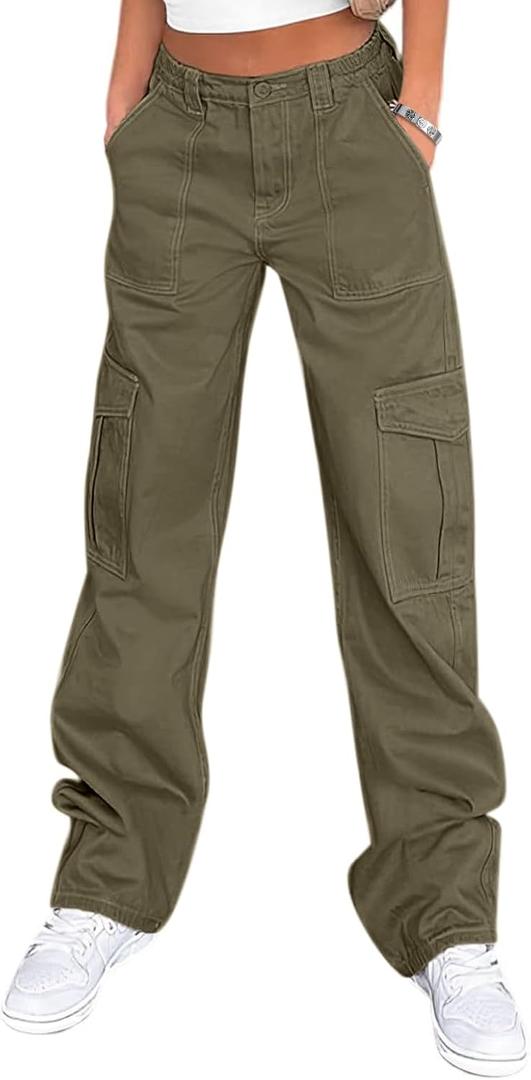 Lepunuo Cargo Pants for Women High Waisted Casual Pants Baggy Stretchy Wide Leg Y2K Streetwear with 6 Pockets (X-Large, Olive Green)