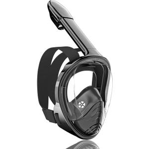 QingSong Full Face Snorkel Mask for Adults, Snorkeling Gear with Camera Mount, 180 Degree Panoramic View Snorkel Set Anti-Fog Anti-Leak (Small-Medium, Black)