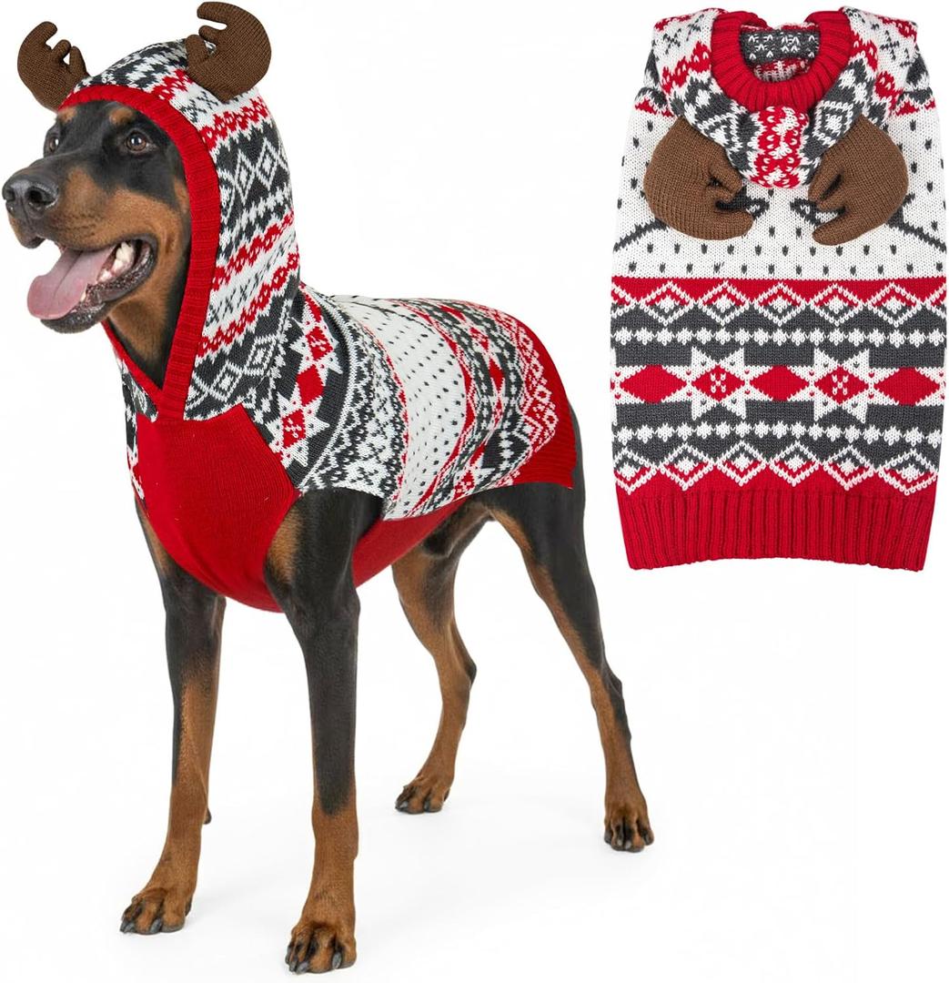KYEESE Dog Christmas Sweater, Warm Dog Sweater for Large Dogs Boy Girl, Holiday Knitwear with Reindeer Antler Hood, Thick Cozy Winter Outfit with Leash Hole, XXX-Large