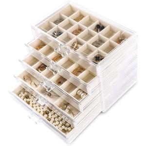 Frebeauty Acrylic Jewelry Organizer Earring Organizer Box with 5 Drawers Earring Holder Organizer with Velvet Trays Clear Jewelry Box for Women Earring Display for Rings Studs (Beige)