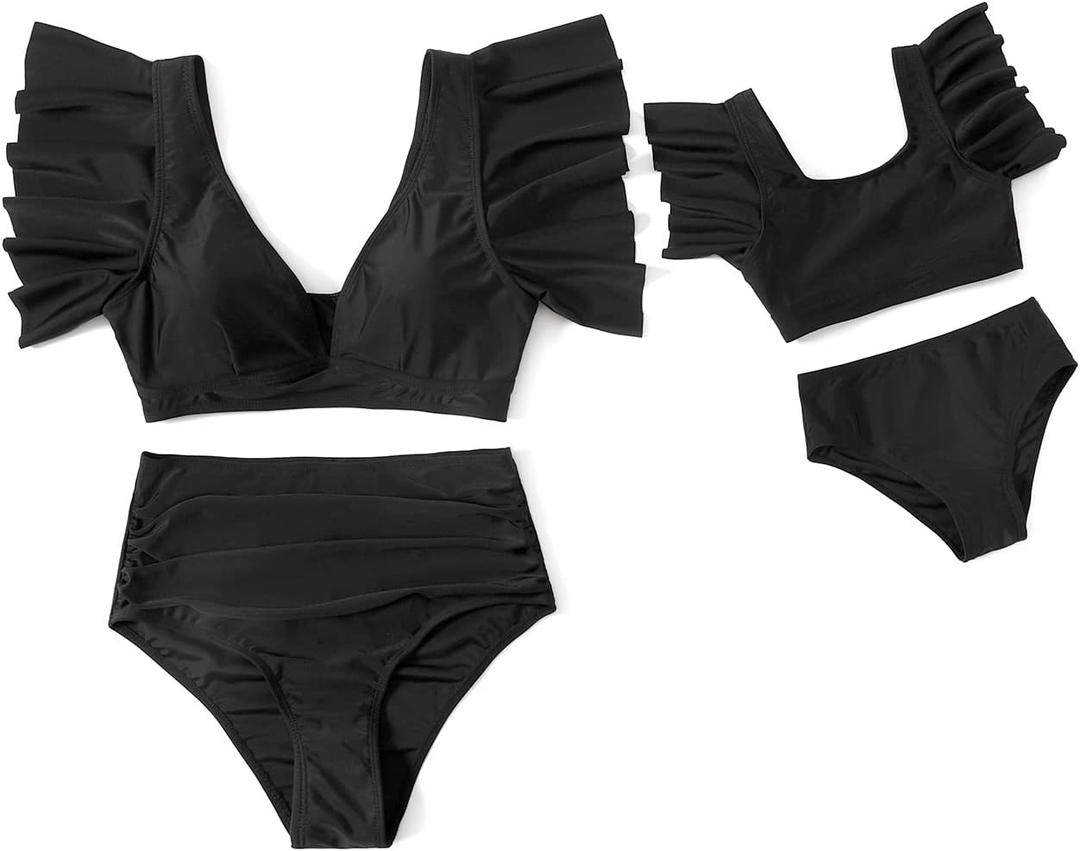 IFFEI Mommy and Me Family Matching Swimsuits Ruffle Sleeve Tie Back Womens Bathing Suit Two Piece Bikini Sets (Black, M)
