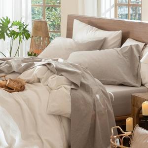 MooMee Bedding Sheet Set 100% Washed Cotton Linen Like Textured Breathable Durable Soft Comfy (Heathered Tannish Linen Grey, King)