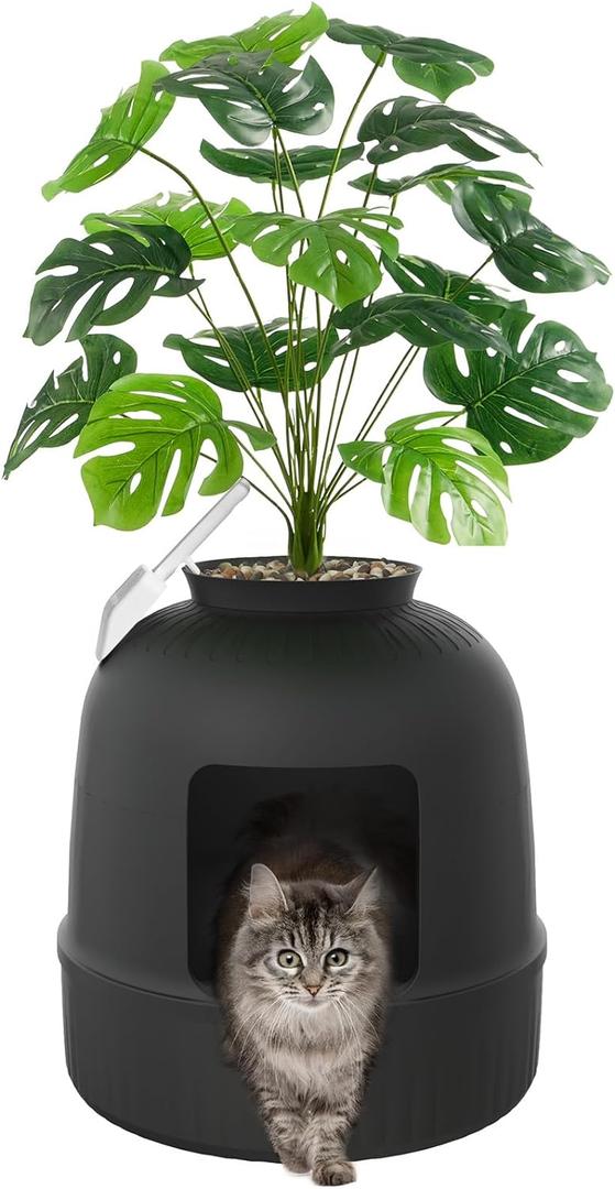 Lifewit Cat Litter Box, Hidden Enclosure Litter Tray with Odor Control & Carbon Filter in Living Room, Bedroom, Corner with Faux Plant& Plastic Scoop, 48 x 120 cm/19x47, Black