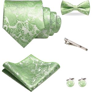 Mens Paisley Tie and Pre-tied Paisley Bow Tie with Pocket Square Cufflinks Clip Set (Sage Green)