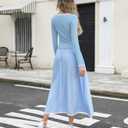 Women's Fall Ribbed Knit Two Piece Outfit Long Sleeve Top & High Waist Pleated Midi Skirt with Pockets (X-Large, Blue)