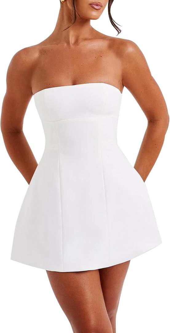 LuFeng Women's Sexy Strapless Backless Tube Top Bodycon Dress Sleeveless Cute A Line Mini Dresses (White, L)