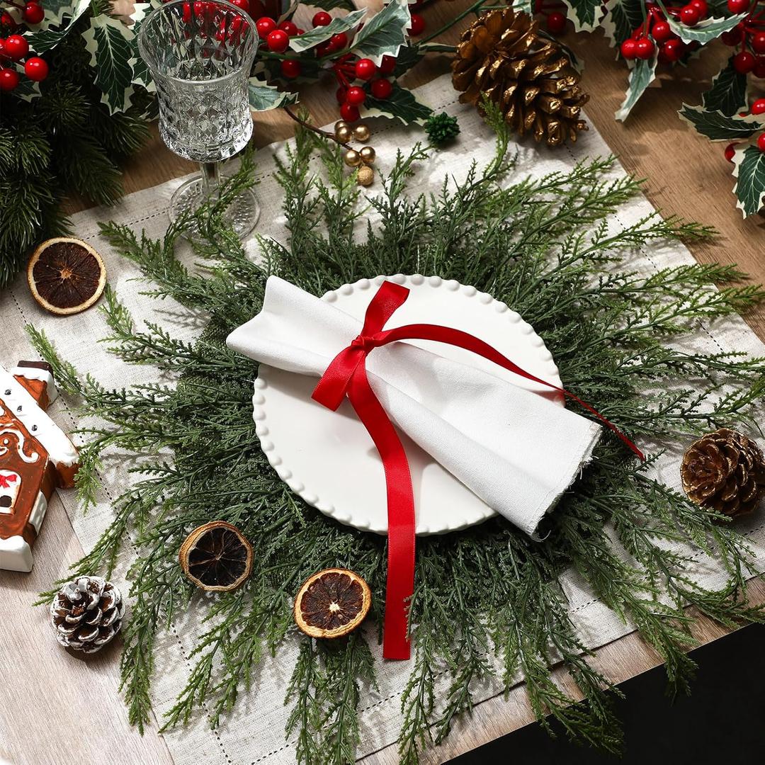6 Pcs Christmas Placemats 20 Inch Large Christmas Round Greenery Place Mats Circular Artificial Wreath Dining Table Decor Winter Fake Plants Branches Mats for Kitchen Accessories