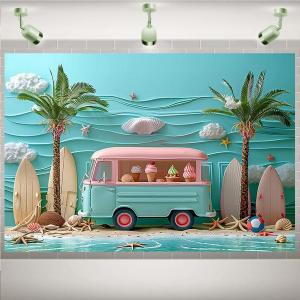 Ice Cream Dessert Truck Photography Backdrop Summer Beach Themed Party Decorations Background Palm Trees Kids Birthday Wedding Party Backdrop (7X5FT,2)