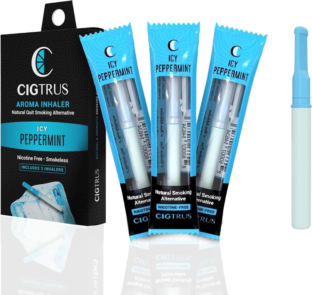 Cigtrus Natural Nicotine-Free & Tobacco-Free Smoking Alternative, Non-Electric Craving Relief, Quit Smoking Aid with Cigtrus (ICY Peppermint) - 3 Piece (Blue)