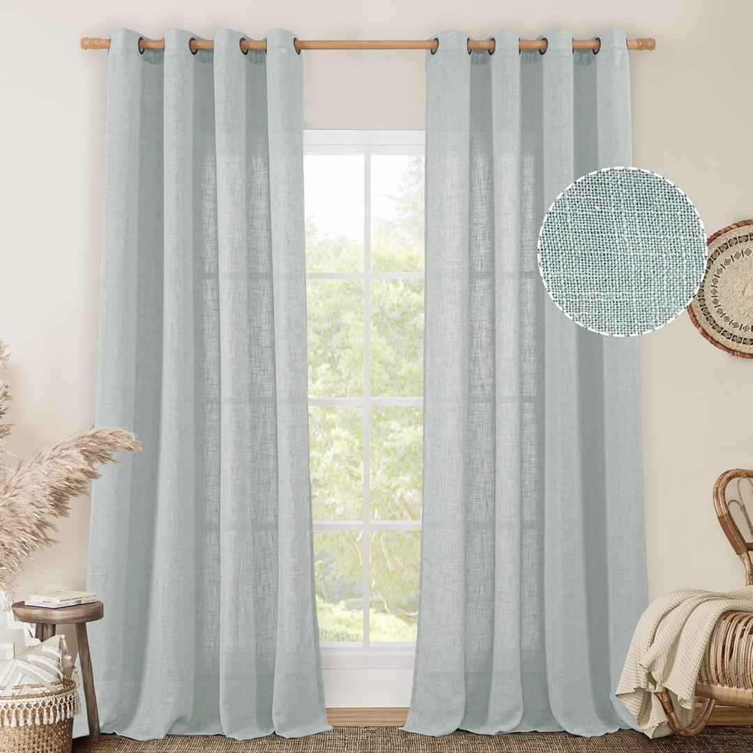 LAMIT Living Room Linen Curtains - 95 Inch, Bronze Grommet, Textured Sheer, Light Filtering, Burlap, Farmhouse, 2 Panels, 52 x 95 Inch, Greyish Blue