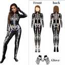 Joy Bang 3D Skeleton Costume Women, Halloween Sexy Skull Onesie Bodysuit with Gloves, Dia de los Muertos Jumpsuit (Black, XL)