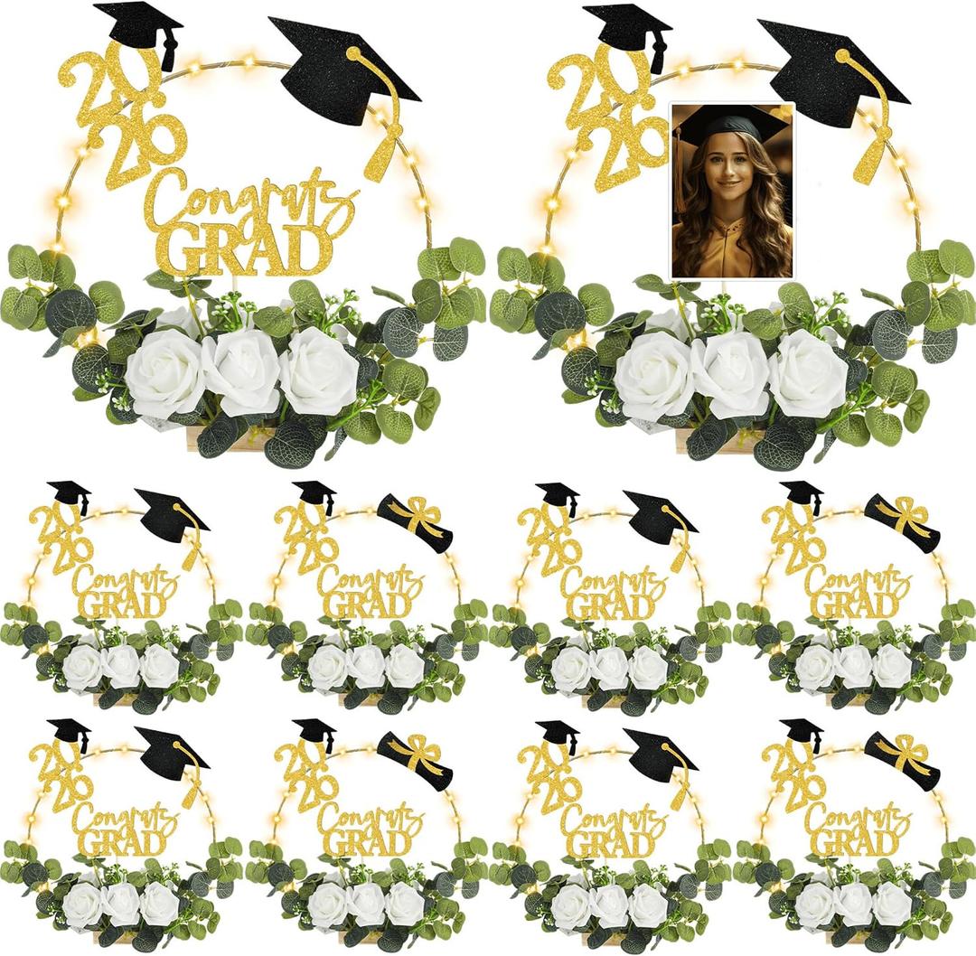 Yunsailing 8 Set 2026 Graduation Centerpiece Class of 2026 Table Photo Display Stand Decor with 8 Hoop Centerpiece 16 Toppers 48 Artificial Flowers and Leaves for Grad DIY Craft Party(Gold and White)