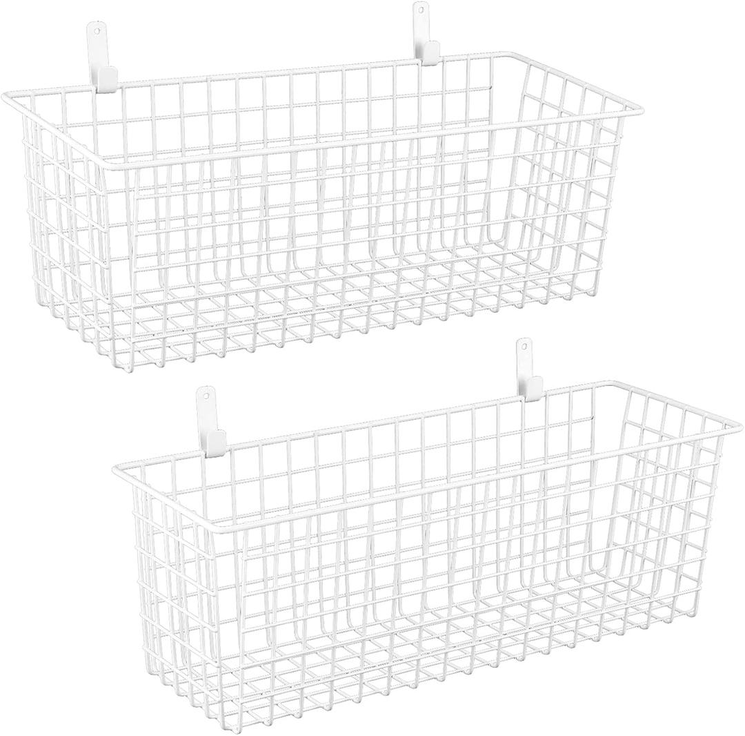 2 Sets Extra Large Hanging Wall Basket, White Metal Wire Baskets with Steel Hooks for Organizing, WallmountedFruit Vegetable Toy Snack Storage, Home Kitchen Bathroom Laundry Pantry Organizer