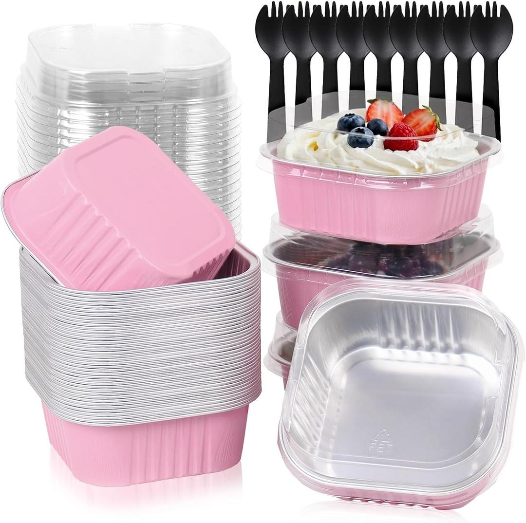 FORBFAN 150 Pack 10 oz Mini Cake Pans with Lids & Spoons, Pink Foil Square Dessert Cups, Disposable Baking Tins for Party, Catering, Gifting & Small Bakery