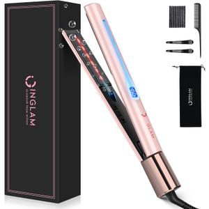 IG INGLAM Titanium Flat Iron Hair Straightener, Infrared Curling Iron 1 Inch, Negative Ionic Dual Voltage Straightener 11 Adjust Temp 250F to 450F, Shiny Hair 110-240V, Gift, Pink