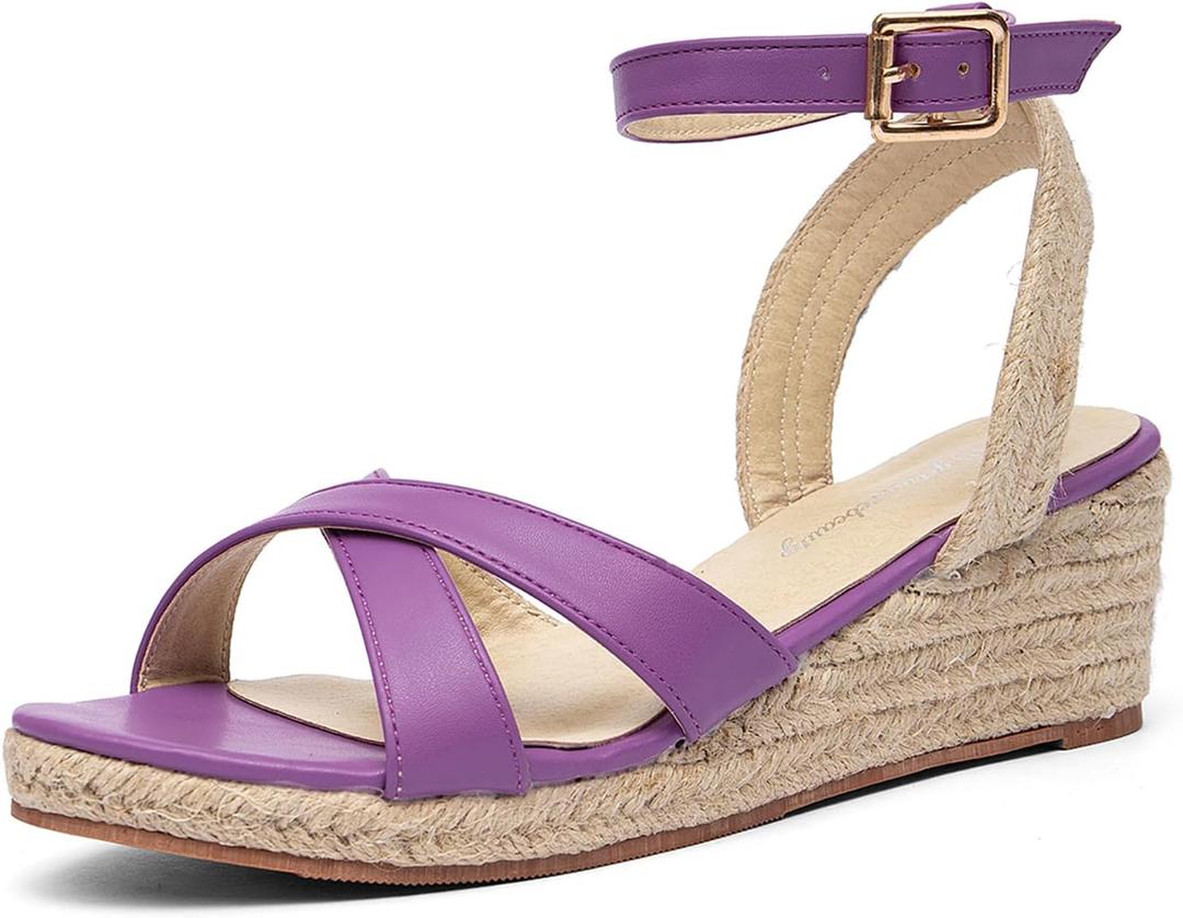 getmorebeauty Women's Espadrilles Wedge Sandals Crisscross Elastic Open Toe Buckle Ankle Strap High Heels Platform Dressy Shoes (Purple, US8)