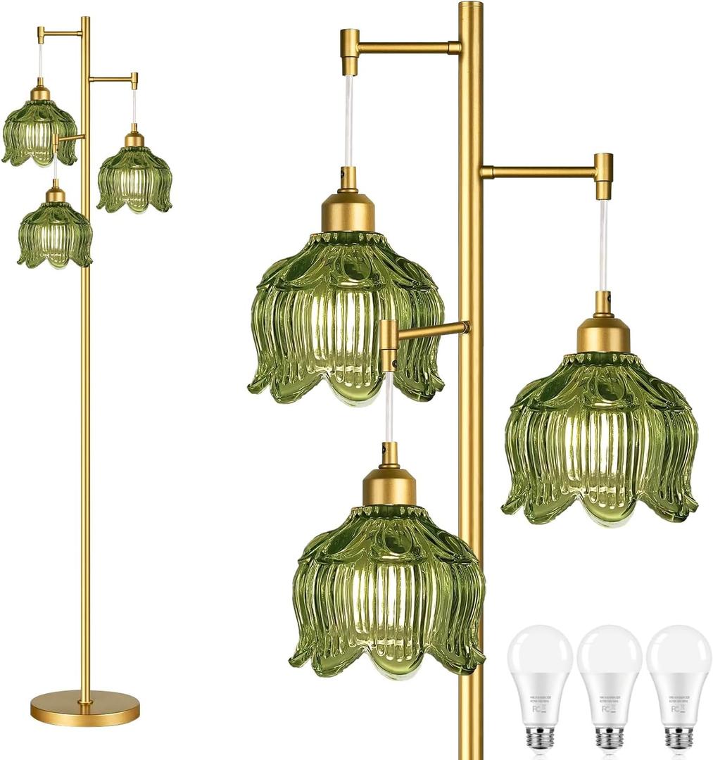 ILLMTW Glass Floor Lamp for Living Room,Bedroom,Gold Mid Century Modern Standing Lamp Brass Tree 3 Light Tall Floor Lamps Vintage Retro Floor Lights Green Flower Lamp Shade Farmhouse Boho Bohemian