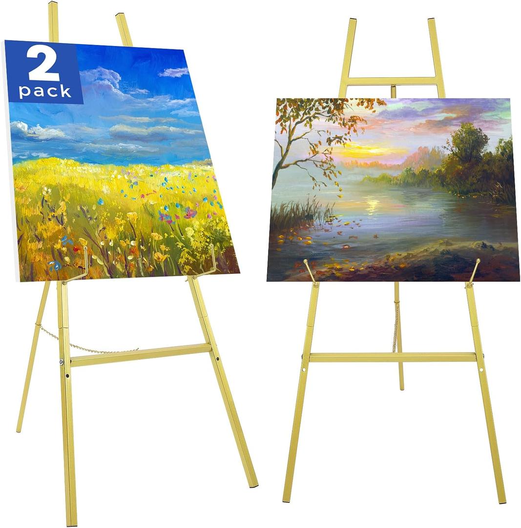 2 Pack Gold Easel Stand for Wedding Sign, Heavy Duty Metal Display Easel with Adjustable Chain, 4-Tier Height Adjustable Art Easel for Painting, Posters, Pictures & Commercial Display