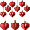 12Pcs Heart Ornaments Multi Finish Heart Baubles Hanging Ornaments for Valentines Day Decor Mother's Day Christmas Tree Wedding Anniversary Party Decoration(Red)
