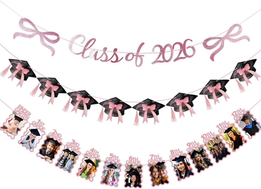 Frienda 3 Pcs Pink Graduation Photo Banner Party Decoration K-12 Glitter Bow Grad Cap Congrats Grad Picture Banner Class of 2026 Graduation Decoration Middle High School College Party Supplies
