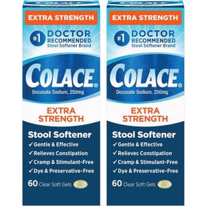 Colace Extra Strength Stool Softener, 60 Count (Pack of 2), Gentle Constipation Relief for Adults, 250 mg Docusate Capsules, #1 Doctor Recommended Stool Softener Brand