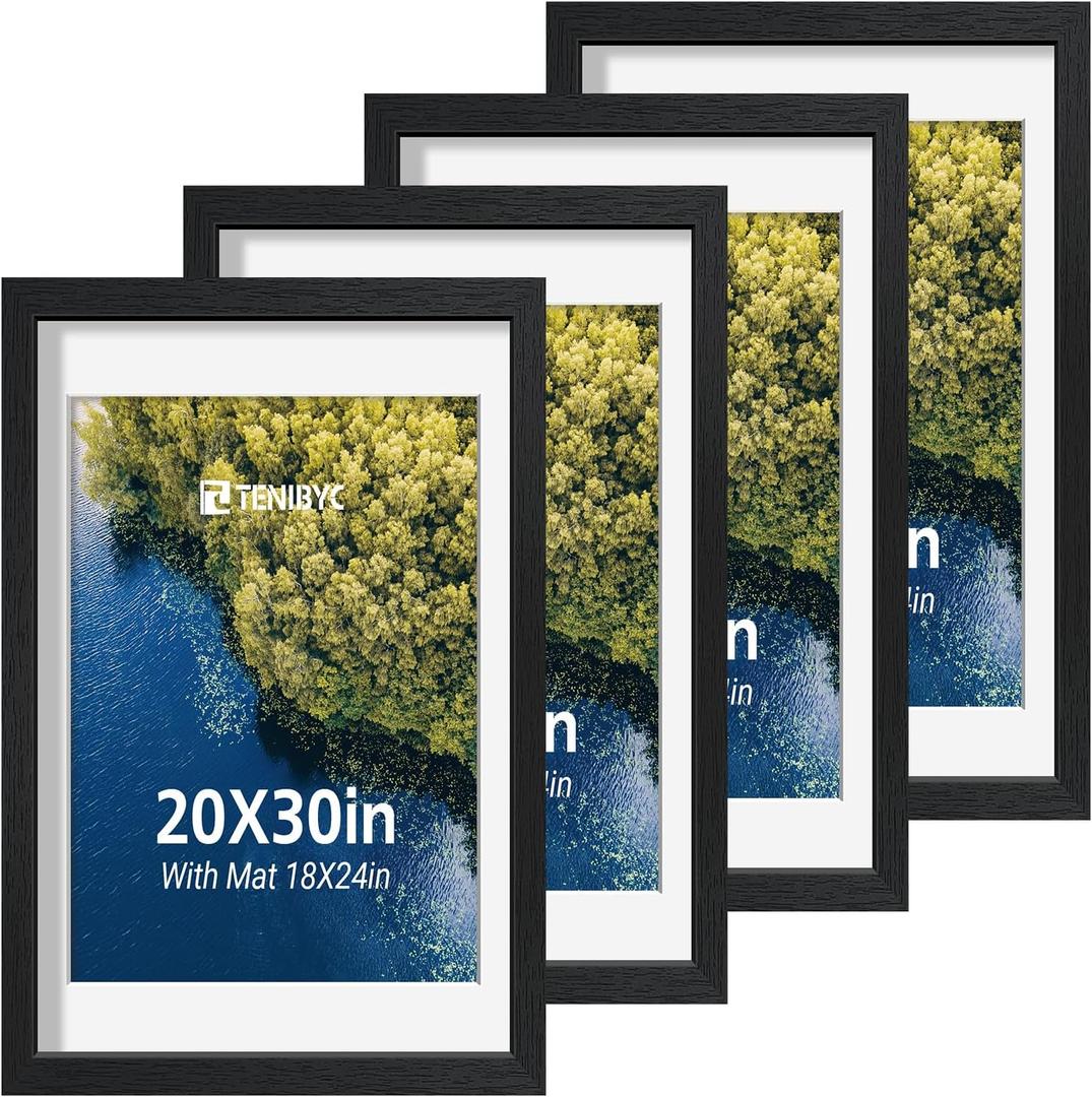20x30 Picture Frame Set - 4 Pack, Black Wood Photo Frames - Displays Photos 18x24 with Mat or 20 x 30 without - Room, Office, Gallery, Studio, and Hallway Decor - Wall Hanging