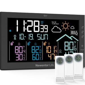Newentor Weather Station Wireless Indoor Outdoor Thermometer, Home Weather Stations Digital Large Display, Atomic Clock with Multiple Sensors, Weather Forecast Temperature Humidity Barometer, Black