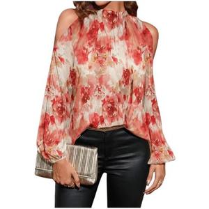 Verdusa Women's Dressy Casual Floral Print 70s Outfits Puff Sleeve Crew Neck Blouse Size S