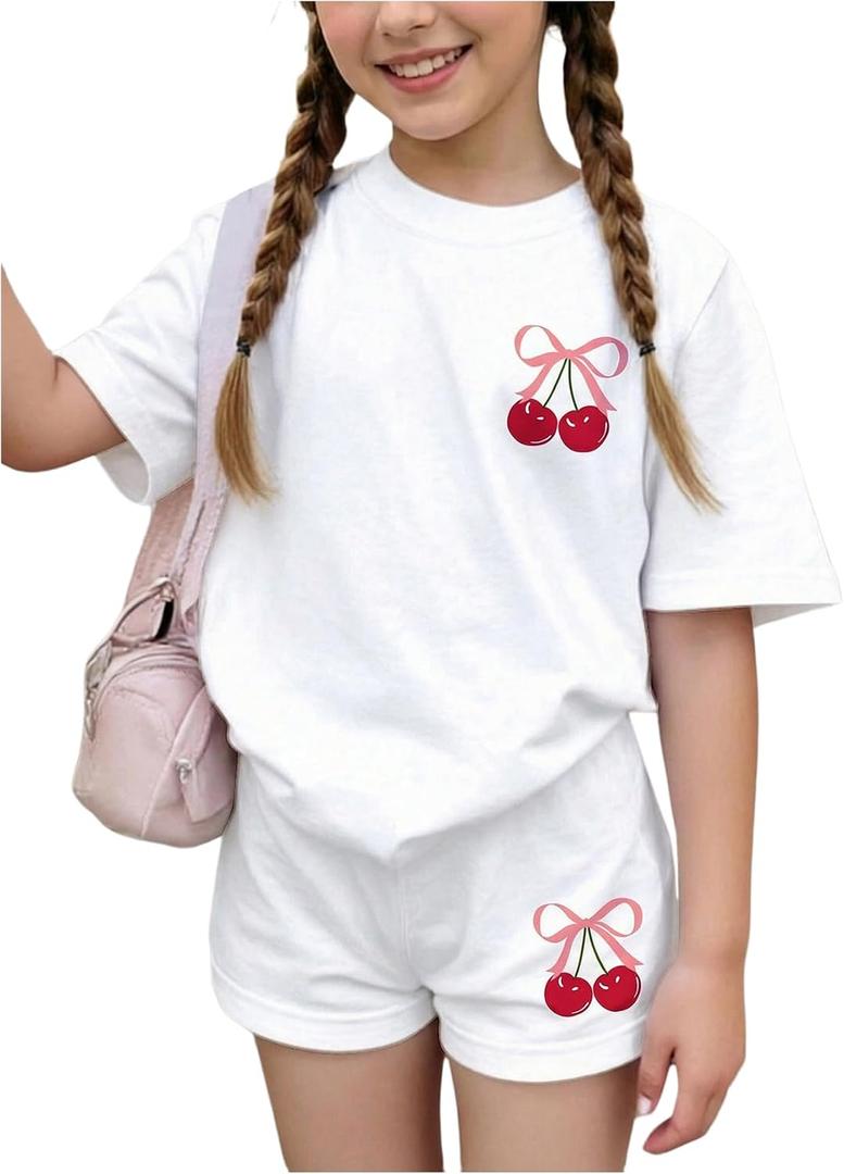 RoseSeek Girl's 2 Piece Summer Outfits Short Sleeve Camo T Shirt and Mini Shorts Clothing Set Tracksuit (White)