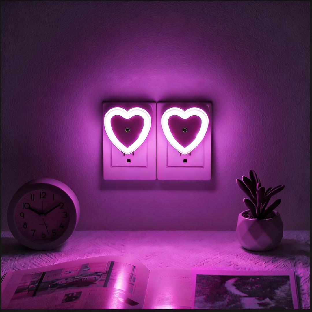 LED Night Lights Plug in(2-Pack), Dusk to Dawn Sensor Auto-On/Off, Cute Nightlight Heart Shaped 0.5W for Bedroom, Bathroom, Kids Room, Nursery, Hallway (Pink)