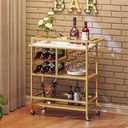 MAHANCRIS Bar Cart for Home, 3-Tier Serving Cart with Wheels and Handle, Beverage Cart with Wine Rack and Glass Holders, Rolling Wine Cart for Kitchen, Dining Room, Gold and White RCJM6101, 24.8''L x 11''W x 32''H