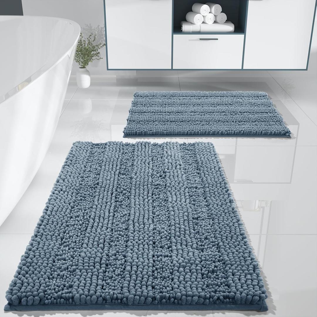 Yimobra Bathroom Rug Set 2 Piece, Soft Absorbent Chenille Bath Mat Set, Non Slip Machine Washable Quick Dry, Plush Shower Rugs for Bathroom Floor Sink Tub, 32"x20"+24"x17", Denim Blue