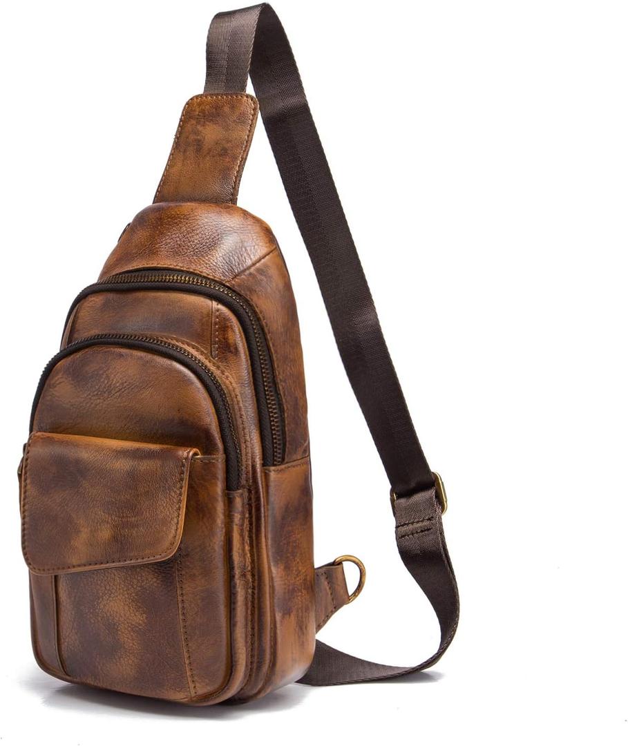 Le'aokuu Men Outdoor Casual Travel Hiking Tea Crossbody Chest Sling Bag Rig One Shoulder Strap Bag Backpack Men Leather (E 8013 Gold)