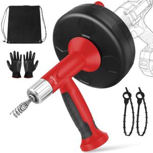 XJX Drain Auger, Plumbing Snake with Drill Adapter, 25FT Flexible Steel Drain Clog Remover, Manual or Powered for Kitchen, Bathroom & Shower Sink, with Gloves and Storage Bag Red