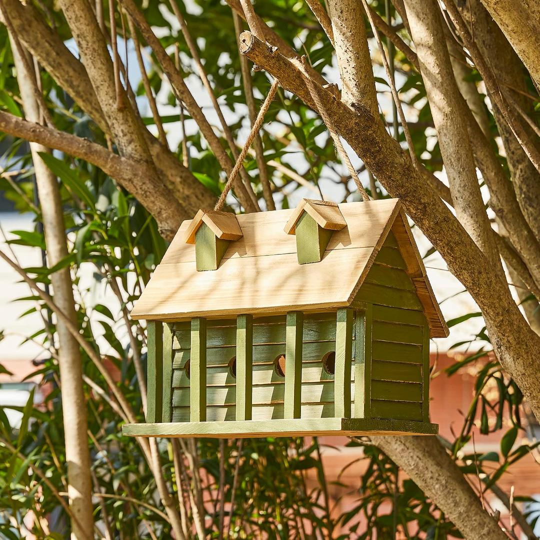 Glitzhome 14.25" L Wood Hanging Birdhouse for Outdoors Oversized Distressed Cottage Bird House Rustic Painted Bird House for Bluebird Wren Chickadee Sparrow Bird Nest Box for Garden Patio, Green