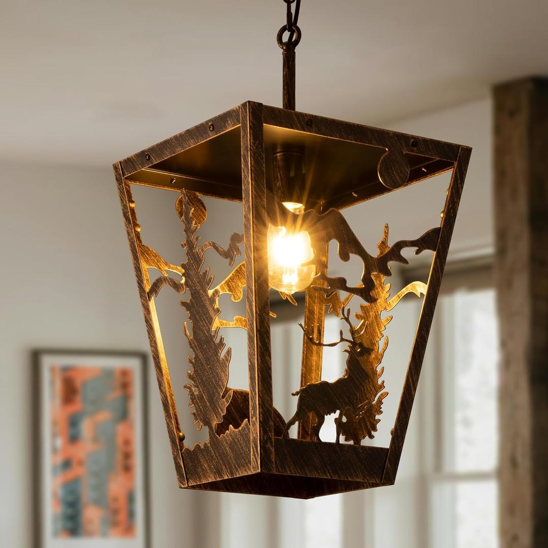 TOCHIC Farmhouse Pendant Light, Bronze Industrial Kitchen Island Lighting Black Forest Rustic Ceiling Light Fixture Vintage Metal Bear Deer Animals Light for Dining Room, Hallway, Entryway, 12.5" W