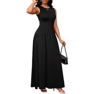 PerZeal Women's Summer Maxi Dress Crewneck Sleeveless Patchwork Knit High Waisted Ruched Tank Flowy Long Formal Dresses (Large, 6026 Black)