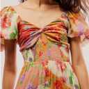 ABYOVRT Women Floral Maxi Dress Short Puff Sleeve V Neck Bohemian Flowy Dress Smocked Casual Spring Summer Dresses (L)