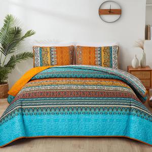 WONGS BEDDING Orange Quilt Set Queen Size, Stripe Bohemian 3 Pieces Quilts Bedspread Set Boho Lightweight Microfiber All Season Bedding Coverlet Set for Queen Bed (96"x90")