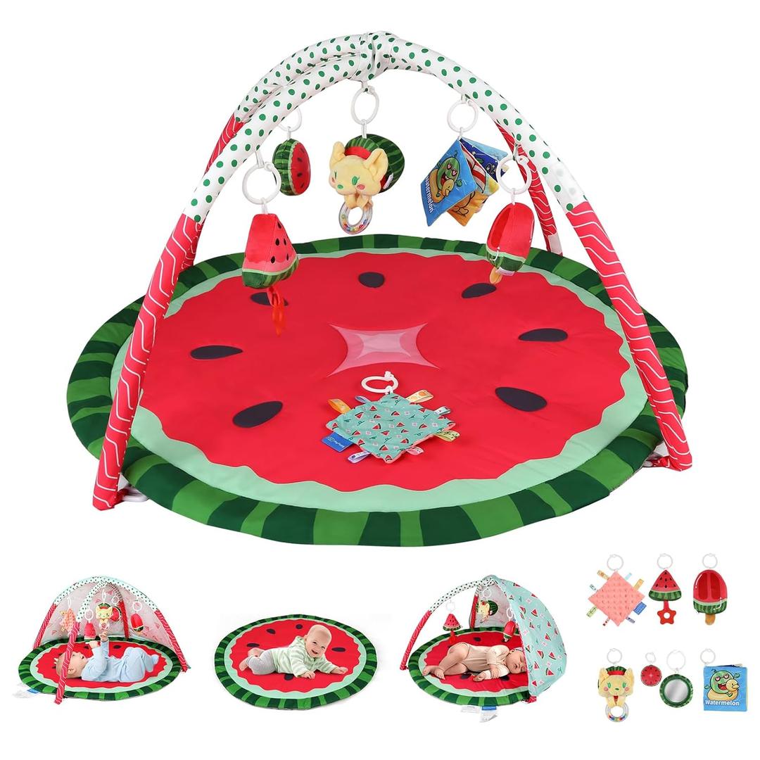 Tummy Time Mat, 9-in-1 Watermelon Baby Play Gym Mat, Oversize Baby Play Activity Mats with Sunshade & 6 Detachable Sensory Toys, Washable Non-Slip Mat for Newborn Infant Essentials Gift