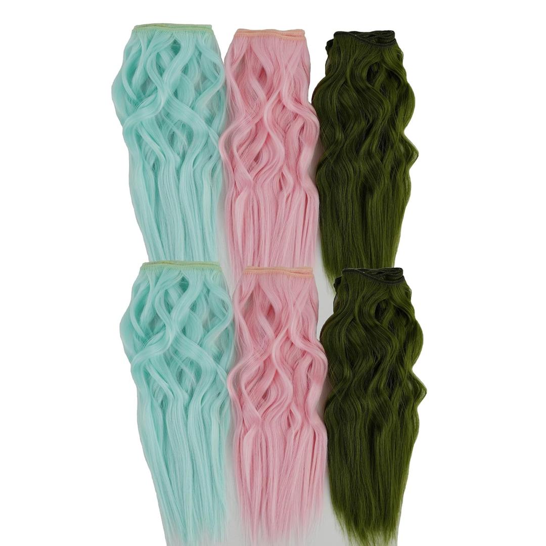 5 Pcs DIY Doll Hair Wefts Synthetic Curly Doll Hair Extensions Accessories Doll Wig Doll Making Hair Doll Hair Crafts Doll Arts Supplies (Green & Blackish Green & Pink)