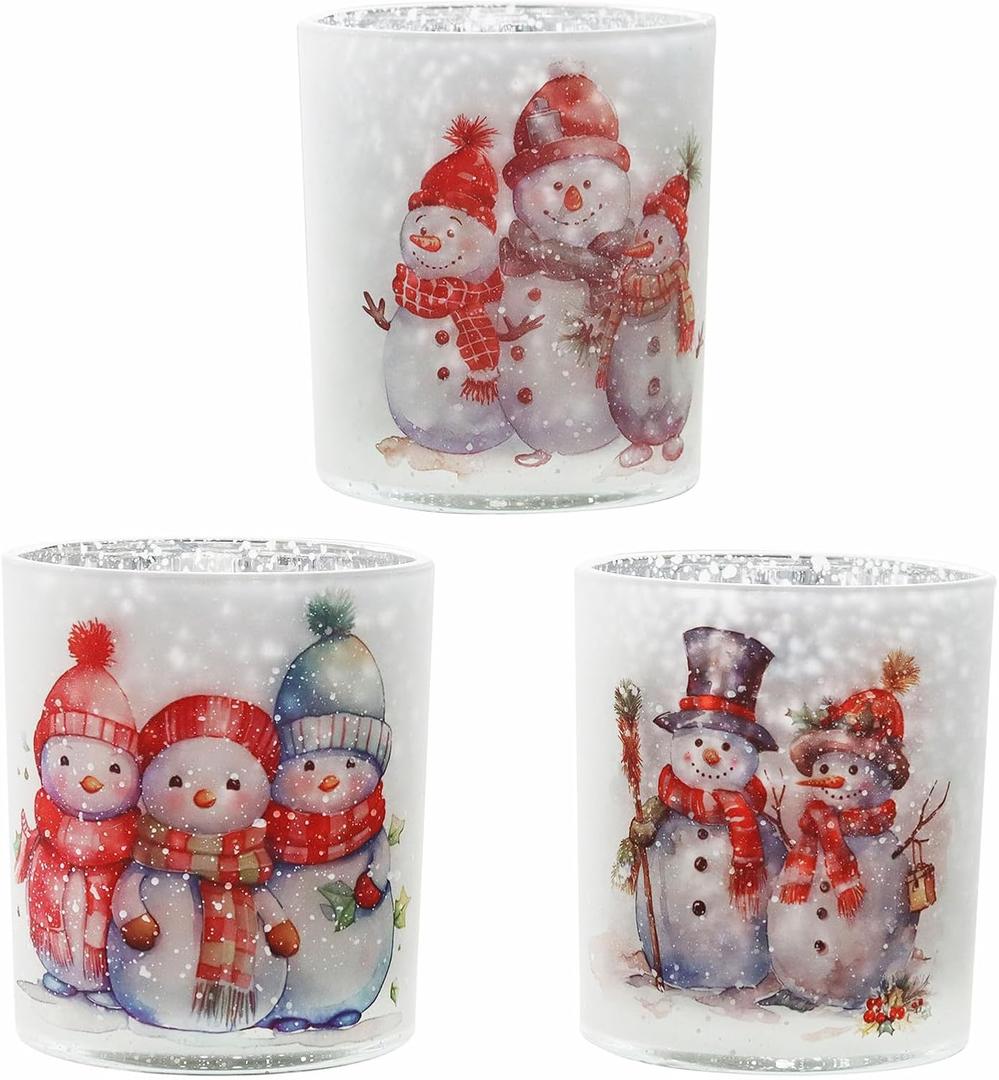 Christmas Votive Candle Holders Set of 3, Snowman Glass Tealight Candle Holders Snowman Table Centerpiece, Tabletop Decoration for Winter New Year Party Decor (Snowman 3)