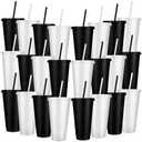 Honeydak 30 Pack Tumbler with Straw and Lid Bulk Glitter Plastic Cups Water Bottle Iced Coffee Travel Mug Reusable Party Favor Cups for Birthdays travel 24-27 oz (Black and Clear)